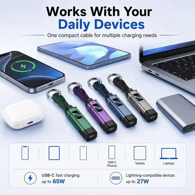 Alt view image 7 of 7 - 4-in-1 Digital Display Keychain Charging Cable, 65W USB C Fast Charging Short Cord, Portable Multi Charger Key Ring for iPhone, iPad, Samsung, USB C Devices, Tablets, Laptops (4Pcs)