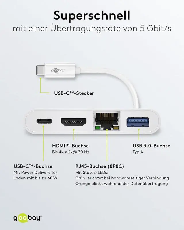 Alt view image 4 of 6 - Goobay 62105 USB-C Multiport Adapter, HDMI + Ethernet, PD, White