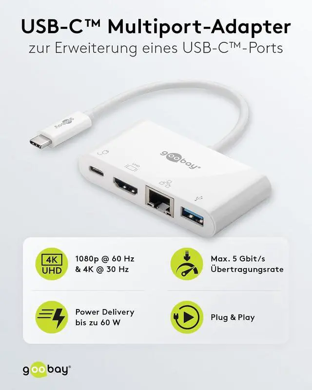 Alt view image 2 of 6 - Goobay 62105 USB-C Multiport Adapter, HDMI + Ethernet, PD, White