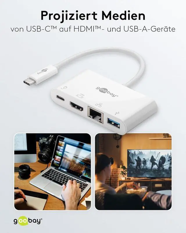 Alt view image 6 of 6 - Goobay 62105 USB-C Multiport Adapter, HDMI + Ethernet, PD, White