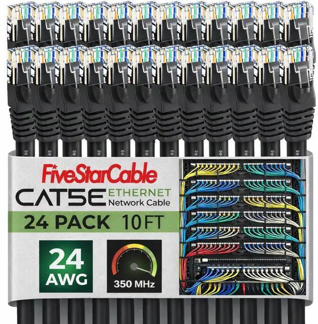 Main image of 24 Pack Snagless Short Cat 5e Ethernet Cable - 10 Ft, High-Speed Internet Network Cable, PoE, RJ45 Connector, Gigabit LAN Patch Cord for Router, Modem, PC, Gaming, Smart TV, PS5, Black