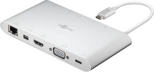 Main image of goobay 62113 USB-C Multiport Adapter All in 1 Aluminium, Silver, Extends a USB-C Device by One Ethernet, One HDMI, One VGA, One Mini DisplayPort, 3 USB-A 3.0 Ports