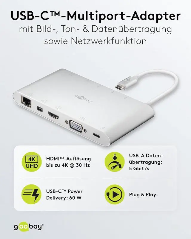 Alt view image 2 of 7 - goobay 62113 USB-C Multiport Adapter All in 1 Aluminium, Silver, Extends a USB-C Device by One Ethernet, One HDMI, One VGA, One Mini DisplayPort, 3 USB-A 3.0 Ports