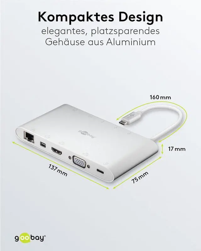 Alt view image 3 of 7 - goobay 62113 USB-C Multiport Adapter All in 1 Aluminium, Silver, Extends a USB-C Device by One Ethernet, One HDMI, One VGA, One Mini DisplayPort, 3 USB-A 3.0 Ports