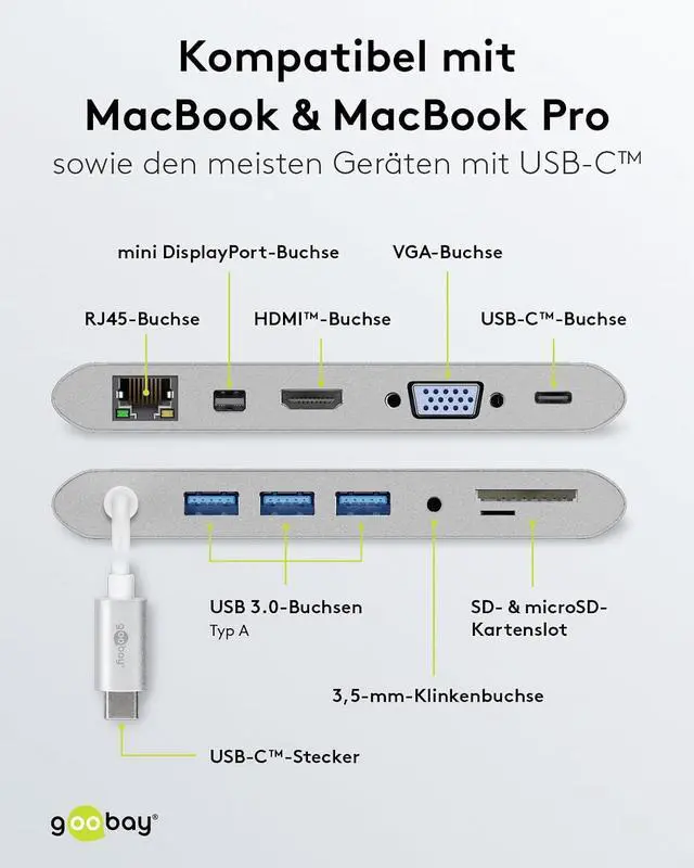 Alt view image 4 of 7 - goobay 62113 USB-C Multiport Adapter All in 1 Aluminium, Silver, Extends a USB-C Device by One Ethernet, One HDMI, One VGA, One Mini DisplayPort, 3 USB-A 3.0 Ports
