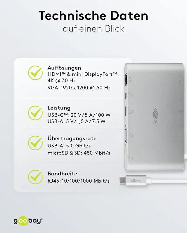 Alt view image 5 of 7 - goobay 62113 USB-C Multiport Adapter All in 1 Aluminium, Silver, Extends a USB-C Device by One Ethernet, One HDMI, One VGA, One Mini DisplayPort, 3 USB-A 3.0 Ports