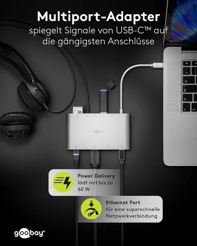 Alt view image 6 of 7 - goobay 62113 USB-C Multiport Adapter All in 1 Aluminium, Silver, Extends a USB-C Device by One Ethernet, One HDMI, One VGA, One Mini DisplayPort, 3 USB-A 3.0 Ports