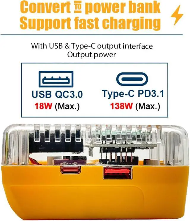 Alt view image 4 of 7 - Portable Tool Battery Power Adapter with Display Screen, Compact Type C USB-a Converter for DCB112 Series for Small Devices Usb Output Adapter Portable Power Converter Display Battery Dock Camping Abs