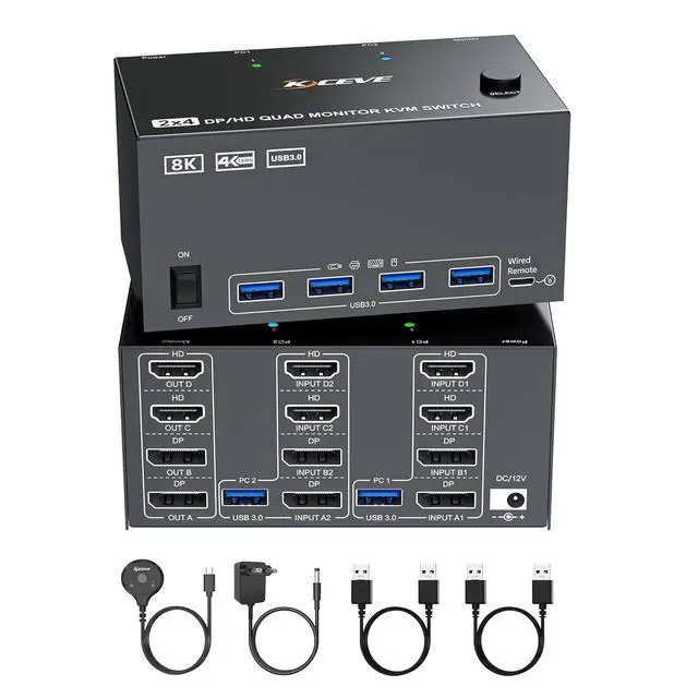Main image of KVM Switch 4 Monitors 2 Computers, Reyoten 2 Computers Share 4 Monitors 8K@60Hz HDMI2.1 KVM Switch, 4K120Hz DP2.1 Switches Keyboard & Mouse 2 HDMI+ 2 DP Inputs, USB 3.0, Wired Remote & USB 3.0 Cables