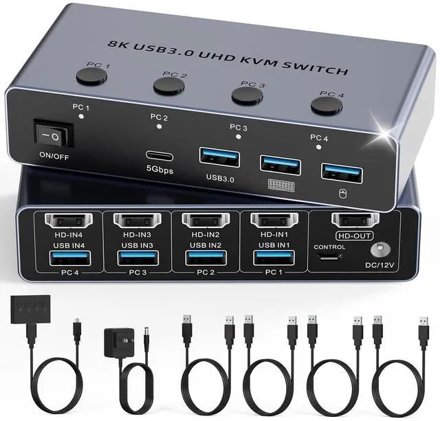 Main image of 8K HDMI 2.1 KVM Switch 4 Computers 1 Monitor, 4 Port USB 3.0 KVM Switcher with 3 USB-A & 1 USB-C, Supports 4K@120Hz 8K@60Hz, EDID Adaptive & HDCP 2.3, with Wired Remote and 4 USB 3.0 Cables