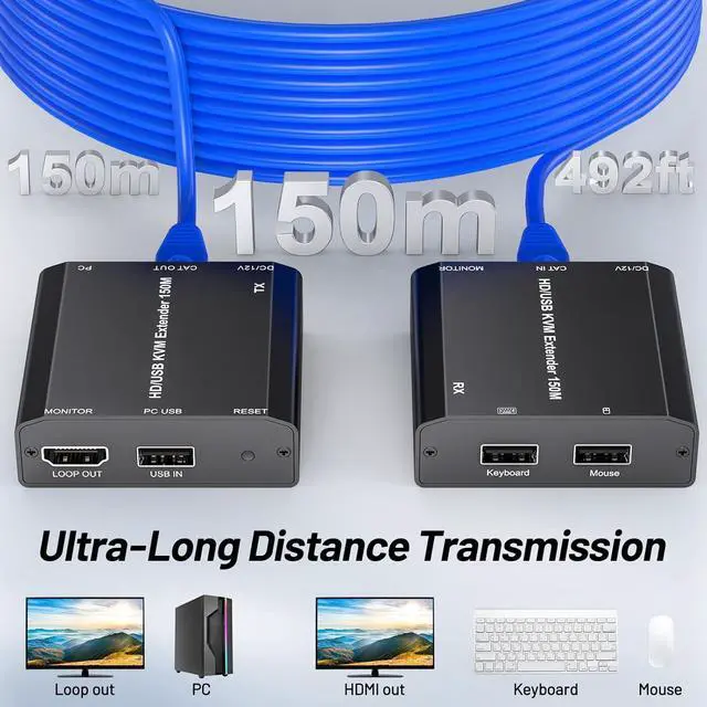 Alt view image 6 of 7 - 492Ft HDMI USB KVM Extender Over Ethernet CAT6/7/8 Upto 492Ft(150M), Lossless Latency, Plug and Play, 1080P@60Hz Loop Out, POE, Mouse and Keyboard Remote Control PC