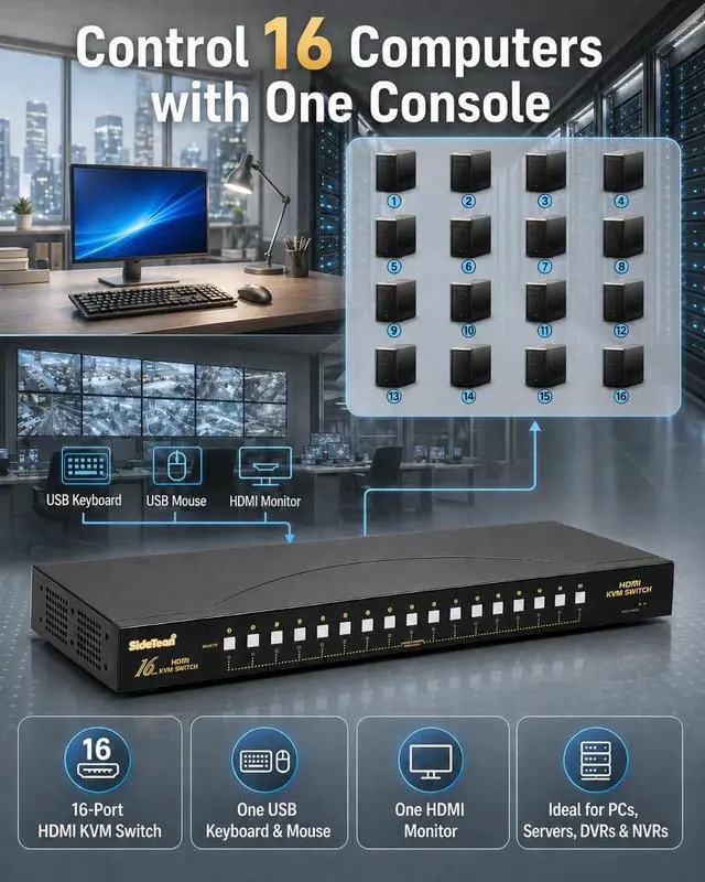 Alt view image 2 of 7 - JideTech 16 Port HDMI USB KVM Switch 4K@30Hz with USB 2.0 Hub, Hotkey & Push Button Switching, HDCP/EDID Support, HDMI KVM Switcher for Windows Linux Mac Unix DVR NVR