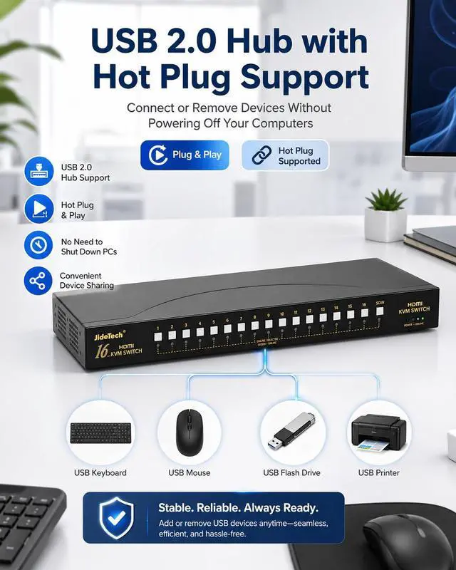 Alt view image 6 of 7 - JideTech 16 Port HDMI USB KVM Switch 4K@30Hz with USB 2.0 Hub, Hotkey & Push Button Switching, HDCP/EDID Support, HDMI KVM Switcher for Windows Linux Mac Unix DVR NVR