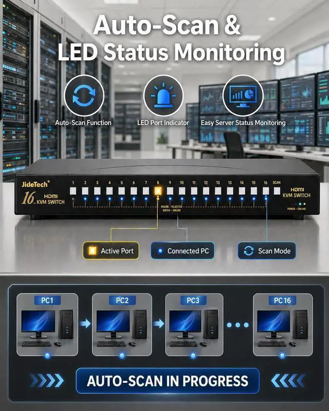 Alt view image 7 of 7 - JideTech 16 Port HDMI USB KVM Switch 4K@30Hz with USB 2.0 Hub, Hotkey & Push Button Switching, HDCP/EDID Support, HDMI KVM Switcher for Windows Linux Mac Unix DVR NVR