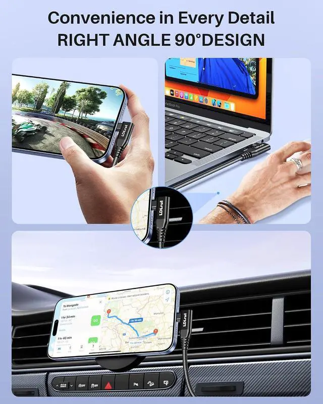 Alt view image 5 of 7 - Right Angle USB C Monitor Video Display Cable 6FT 2Pack, 8K/4K@60Hz 40Gbps 240W Braided Gold-Plated, Thunderbolt 4/3 Cable Compatible, for MacBook, iPhone 17, Laptop, Portable Monitor, Docking Station