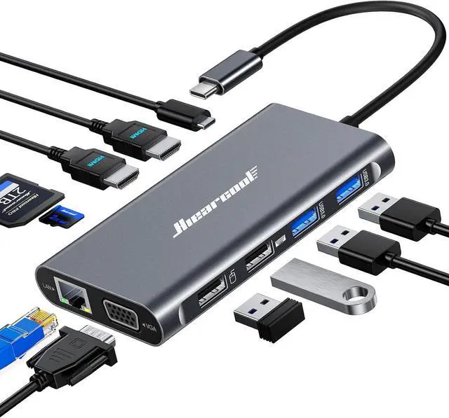 Main image of Hiearcool USB-C Docking Station for Laptop, Triple Display Dock with 4K HDMI & 1080p VGA, 11-in-1 USB-C Dock with Ethernet, 100W Charging for Home Office