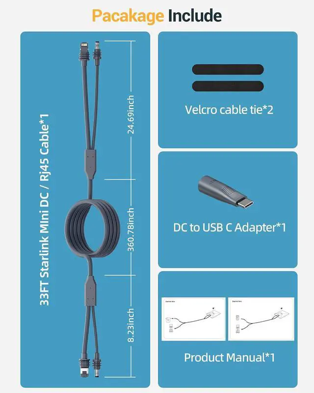 Alt view image 7 of 7 - 2 in 1 Starlink Mini Ethernet Cable, Starlink Mini Power Cord & RJ45 Cables, DC to USB C Replacement Adapter for Power Supply, Waterproof Mini Cable with Data Transfer-33FT/10 M