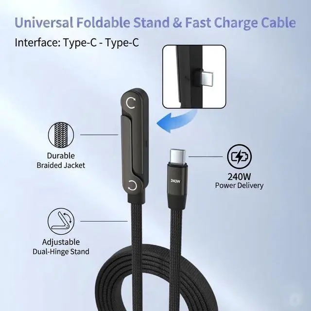 Alt view image 2 of 7 - 240W USB Type-C to USB C Cable with Invisible Phone Stand, 4.9FT PD 3.1 Fast Charging Cord for Smartphones and Laptops, 360 Rotating Braided Nylon Data Cable, Gray (3)