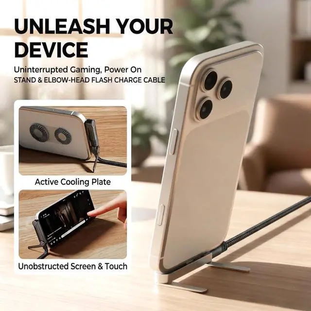 Alt view image 3 of 7 - 240W USB Type-C to USB C Cable with Invisible Phone Stand, 4.9FT PD 3.1 Fast Charging Cord for Smartphones and Laptops, 360 Rotating Braided Nylon Data Cable, Gray (3)