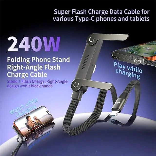 Alt view image 4 of 7 - 240W USB Type-C to USB C Cable with Invisible Phone Stand, 4.9FT PD 3.1 Fast Charging Cord for Smartphones and Laptops, 360 Rotating Braided Nylon Data Cable, Gray (3)