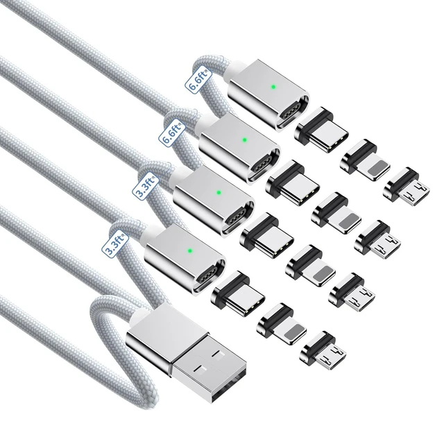 Alt view image 2 of 7 - 3-in-1 Magnetic Charging Cable, 3A Fast Charging (4-Pack, 3.3/3.3/6.6/6.6 ft) Magnetic Phone Charger with USB-C/Micro USB Connector Tips, 5 Pack