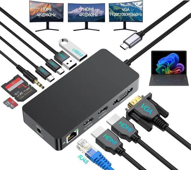 Main image of Surface Thunderbolt 4 Docking Station, 12-in-1 Surface Pro Dock Dual 4K@60Hz HDMI VGA Triple Monitor Adapter Compatible with Microsoft Surface Pro 12 11 10 9 8 7 X, Surface Laptop 7 6 5, Go, Book