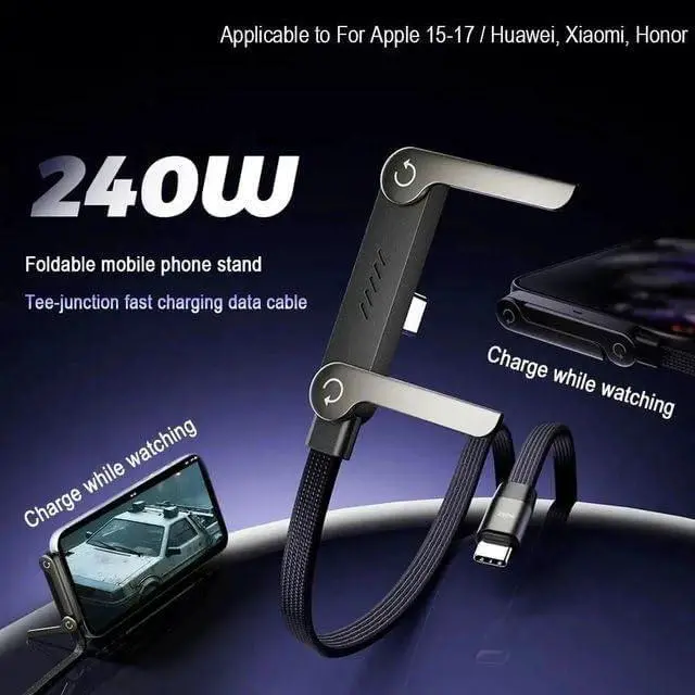 Alt view image 2 of 3 - 5ft 240W 2-in-1 Fast Charging USB-C Cable with Built-in Foldable Phone Stand Durable Braided Right-Angle Type-C Charger for Hands-Free Viewing (2-Pack)