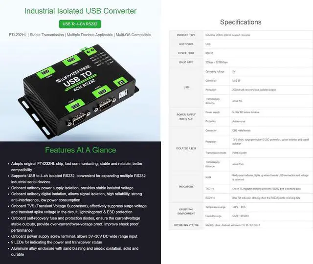Alt view image 2 of 6 - TUOPUONE Industrial Isolated USB to 4-Ch RS232 Converter, USB to Serial Adapter, Original FT4232HL Chip, Mac/Linux/Android/Windows Multi-OS Compatible, RS232 Female Port (USB to 4CH RS232 (F))