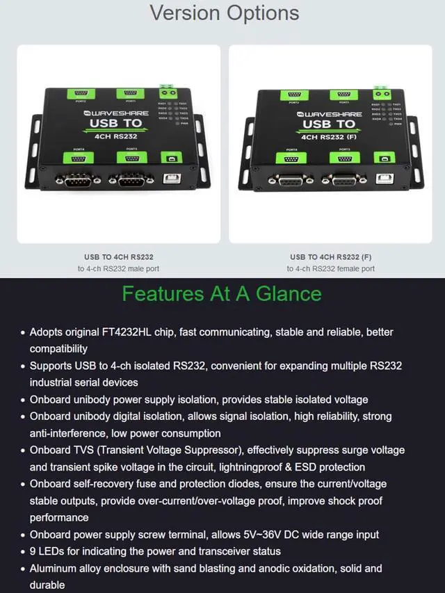 Alt view image 2 of 7 - Industrial Isolated USB to 4-Ch RS232 Converter USB to Serial Adapter with Original FT4232HL Chip High-Speed&Stable Communication, Compatible with Mac/Linux/Android/Windows (RS232 Male Port)