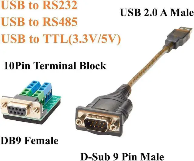 Alt view image 2 of 7 - Industrial 3 In 1 USB 2.0 to DB9 RS232 RS485 TTL 3.3V 5V Serial Converter Cable with FTDI FT231XS Chip D-Sub 9Pin to Terminal Block Adapter COM Port for Windows, Linux, Android, MacOS(1M/3.28FT)