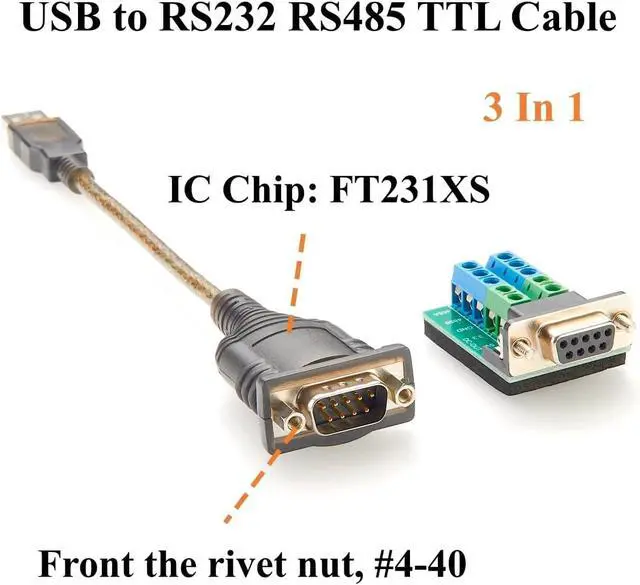 Alt view image 3 of 7 - Industrial 3 In 1 USB 2.0 to DB9 RS232 RS485 TTL 3.3V 5V Serial Converter Cable with FTDI FT231XS Chip D-Sub 9Pin to Terminal Block Adapter COM Port for Windows, Linux, Android, MacOS(1M/3.28FT)