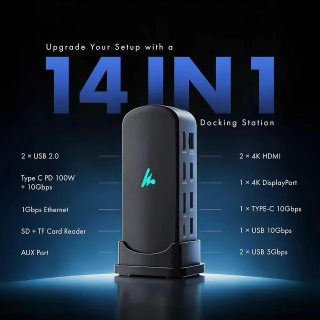 Alt view image 2 of 7 - Type C 14 in 1 Wozoyo Docking Station, PD 100W, 2X4K@60Hz HDMI, 4K DisplayPort, 2XType-C 10Gbps, USB 10Gbps, Gigabit Ethernet, AUX Port, Compatible Thunderbolt 4, macOS, Windows, Android & iOS