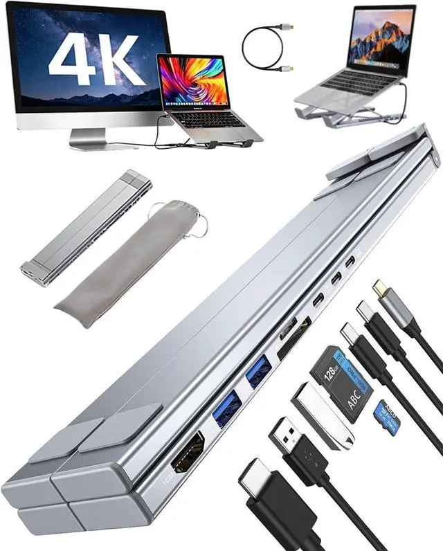 Main image of USB C Laptop Stand with Docking Station,8 in 1 Hub Laptop Stand Foldable Computer Riser with 4K HDMIPD 100W Dual Data Ports Multiport Adapter for Notebook Tablet,Portable Height Adjustable Holder