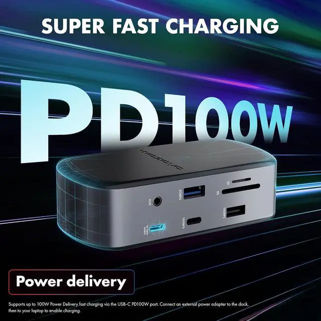 Alt view image 6 of 7 - Type C 14 in 1 Wozoyo Docking Station, PD 100W, 2X4K@60Hz HDMI, 4K DisplayPort, 2XType-C 10Gbps, USB 10Gbps, Gigabit Ethernet, AUX Port, Compatible Thunderbolt 4, macOS, Windows, Android & iOS