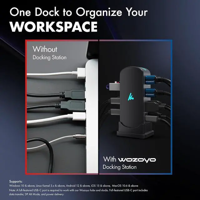 Alt view image 7 of 7 - Type C 14 in 1 Wozoyo Docking Station, PD 100W, 2X4K@60Hz HDMI, 4K DisplayPort, 2XType-C 10Gbps, USB 10Gbps, Gigabit Ethernet, AUX Port, Compatible Thunderbolt 4, macOS, Windows, Android & iOS