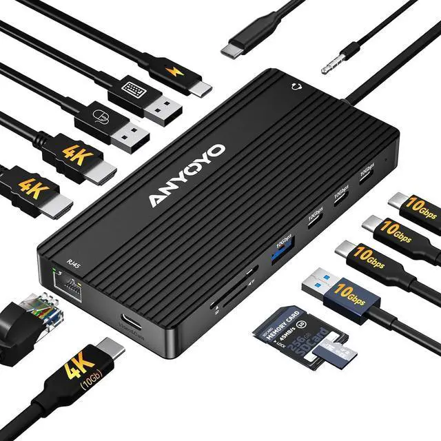 Main image of ANYOYO USB C Docking Station, 14 in 1 USB Hub for 3 Monitors, Dual 4K@60Hz HDMI & USB-C Video, 4xUSB-C(10Gbps),3X USB-A, Ethernet, SD/TF& 3.5mm Audio Multiport Adapter for Lenovo/Dell/HP (Black)