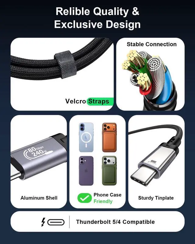 Alt view image 7 of 7 - USB 4 for Thunderbolt 5 Cable 6.6FT, 80Gbps Bandwidth USB C Cable, 240W Charging, 16K/Dual 8K, Compatible with Thunderbolt 4/3, USB C Monitors, Hubs, Docks, MacBook, iPhone 17/16