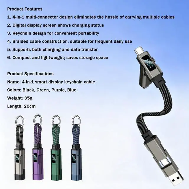 Alt view image 6 of 7 - 4-in-1 Digital Display Keychain Charging Cable, 4 in 1 Smart Display Keychain Cable, Portable USB Fast Charging Data Cord for Phone, Tablet, Laptop & Travel (Black 4)