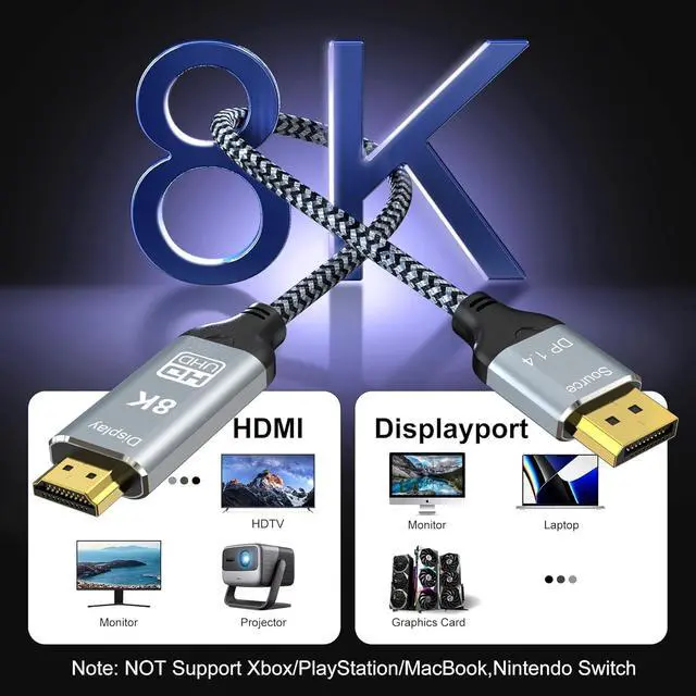 Alt view image 7 of 7 - DisplayPort to HDMI 2.1 Cable 10FT Support 8K@60Hz 4K@120Hz Uni-Directional DP to HDMI Braided Cord Compatible with Dell, NVIDIA, AMD, Monitor, Projector (Grey)