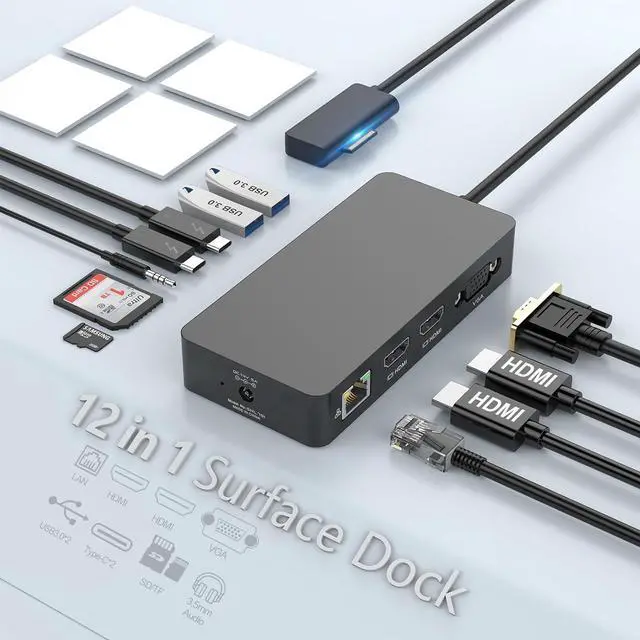 Main image of Surface Pro Docking Station, Triple Display Dual 4K HDMI VGA, 12-in-1 Dock | Compatible with Surface Pro 12/11/10/9/8/7/X, Surface Laptop 7/6/5/4/3, Surface Go / Book, Dual HDMI, VGA, Ethernet, SD/TF