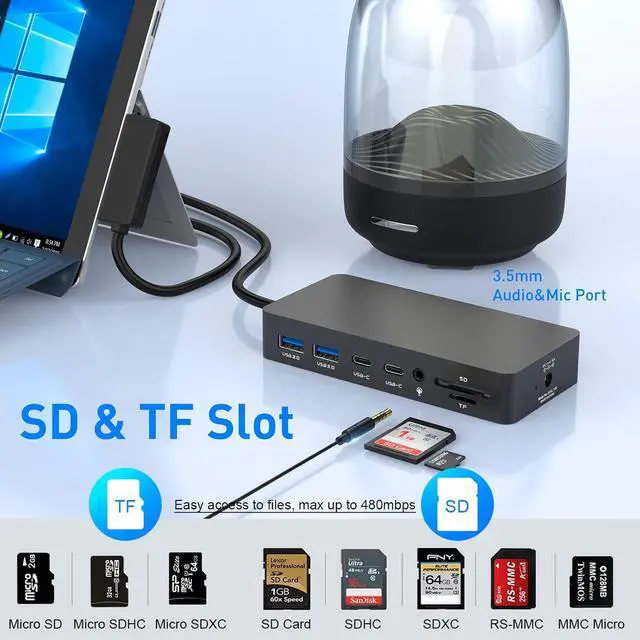Alt view image 6 of 6 - Surface Pro Docking Station, Triple Display Dual 4K HDMI VGA, 12-in-1 Dock | Compatible with Surface Pro 12/11/10/9/8/7/X, Surface Laptop 7/6/5/4/3, Surface Go / Book, Dual HDMI, VGA, Ethernet, SD/TF