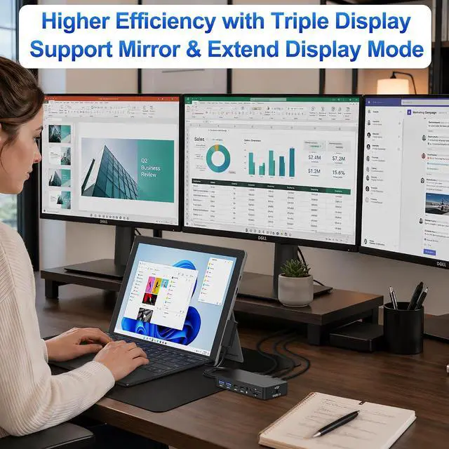 Alt view image 4 of 7 - Surface Pro Docking Station - Triple Display 4K@60Hz Dual HDMI + VGA, 11-in-1 Surface Dock with 2X USB-C, 2X USB 3.0, Ethernet, SD/TF Reader, 3.5mm Jack for Surface Pro 11/10/9, Laptop, Book, Go