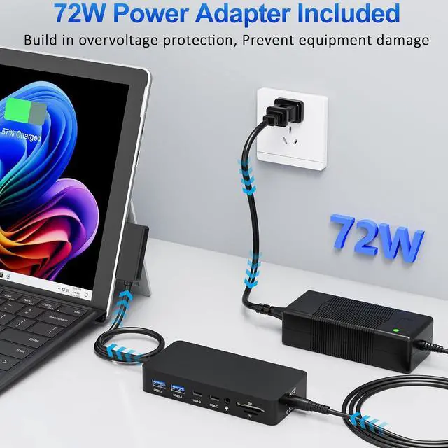 Alt view image 6 of 7 - Surface Pro Docking Station - Triple Display 4K@60Hz Dual HDMI + VGA, 11-in-1 Surface Dock with 2X USB-C, 2X USB 3.0, Ethernet, SD/TF Reader, 3.5mm Jack for Surface Pro 11/10/9, Laptop, Book, Go
