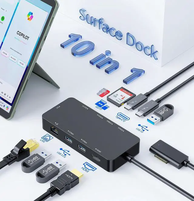 Main image of 10-in-1 Surface Docking Station for Surface Pro & Laptop, 4K@60Hz HDMI, USB-C & USB 3.0 Ports, SD/TF Card Reader, Gigabit Ethernet, PD Charging, Magnetic Surface Connect