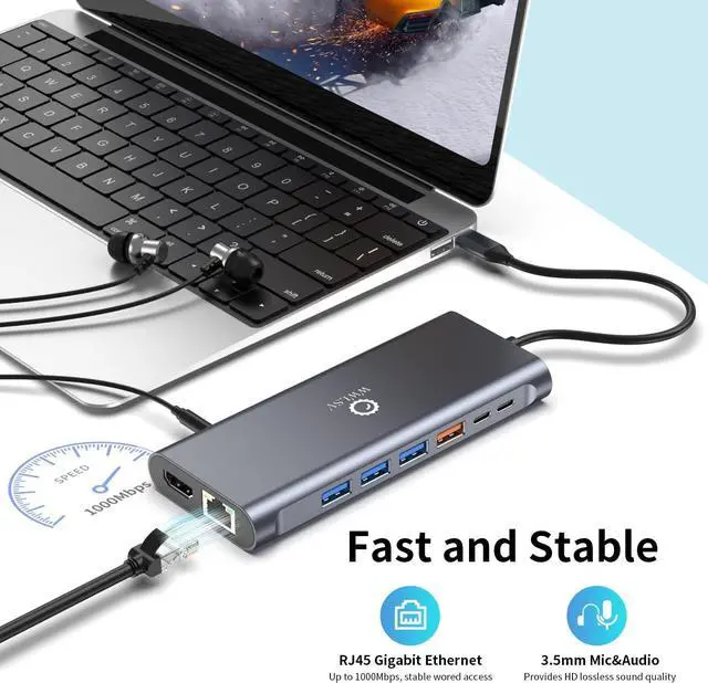 Alt view image 7 of 7 - 14-in-1 USB C Hub Docking Station 3 Monitors Display, Dual 4K@60Hz HDMI & 4K DP (DP 1.4 Required), Multiport Adapter with 100W PD, USB 3.1, Ethernet, SD, Audio,for MacBook Dell HP Lenovo Surface