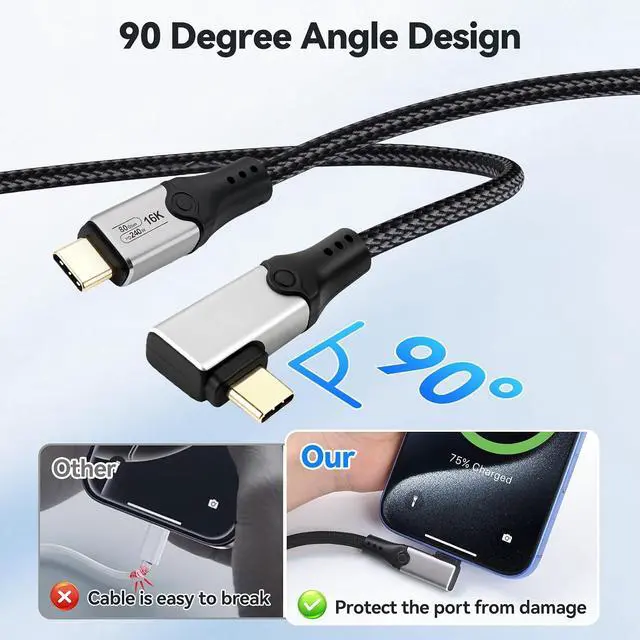Alt view image 6 of 7 - aceyoon 240W Short 90 Degree 1FT Data Cable USB 5.0 80Gbps Data Transfer Single Right Angle Flat Cord 16K@60Hz Support Thunderbolt 5 USB C Fast Charging Cables for Smartphone/Laptop/SSD