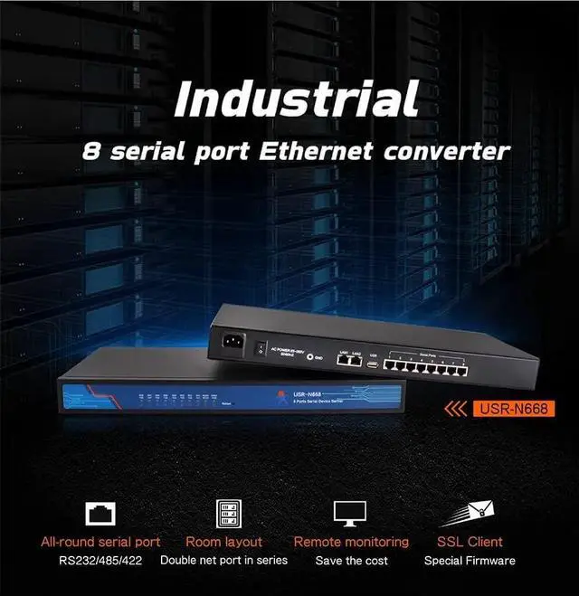 Main image of USR-N668 RS232 RS485 RS422 Serial to Ethernet Converter Industrial 8 Port Serial Service Device to ethernet X 1 PCS