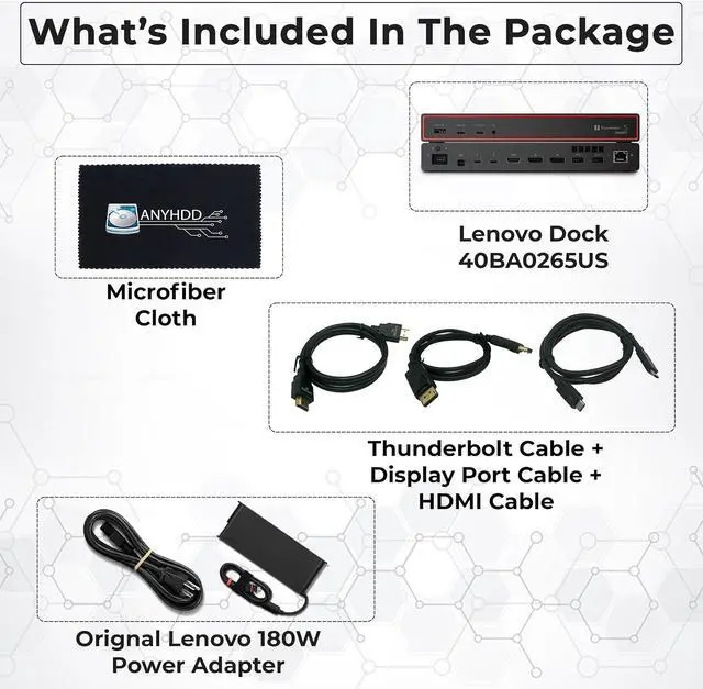 Alt view image 2 of 7 - Lenovo 40BA0265US Thunderbolt 4 Docking Station 40Gbps 100W USB Power Delivery with 135W Adapter, HDMI, DisplayPort, Thunderbolt Cables & Cloth - Docking Station
