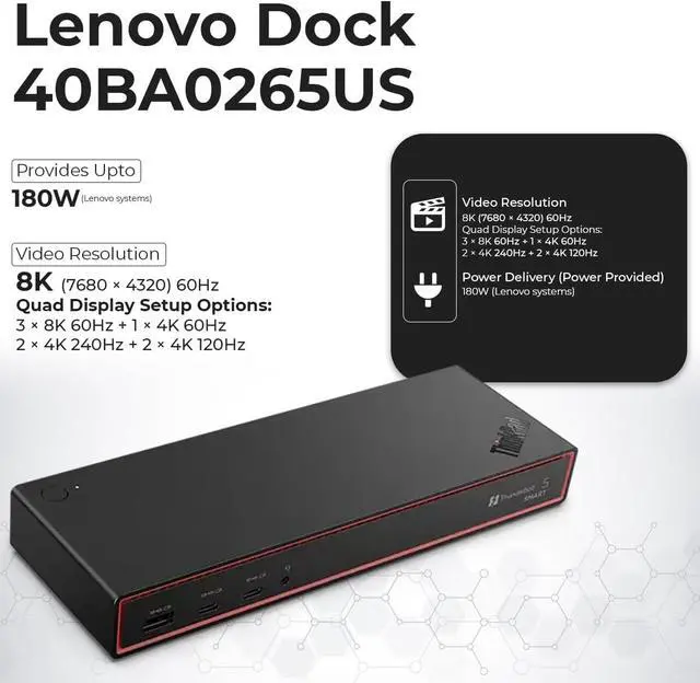 Alt view image 3 of 7 - Lenovo 40BA0265US Thunderbolt 4 Docking Station 40Gbps 100W USB Power Delivery with 135W Adapter, HDMI, DisplayPort, Thunderbolt Cables & Cloth - Docking Station
