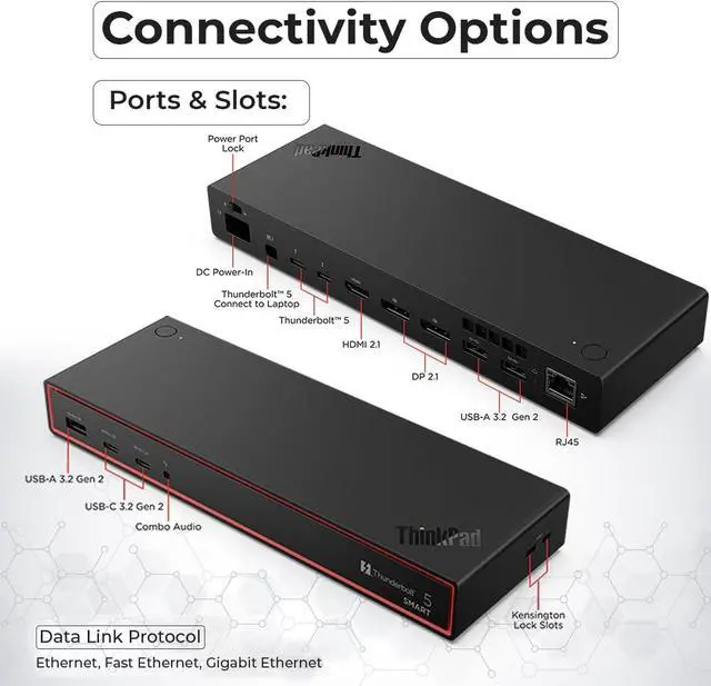Alt view image 4 of 7 - Lenovo 40BA0265US Thunderbolt 4 Docking Station 40Gbps 100W USB Power Delivery with 135W Adapter, HDMI, DisplayPort, Thunderbolt Cables & Cloth - Docking Station